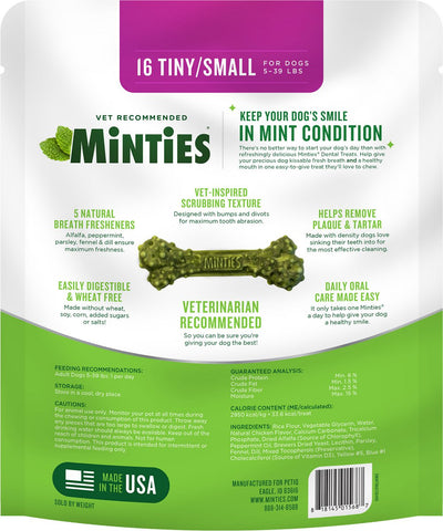 Premios Dentales MINTIES sabor a Menta para perros pequenos 16 und