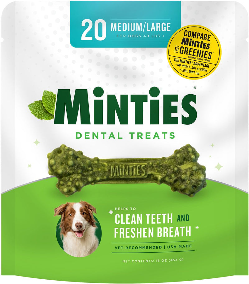 Premios Dentales MINTIES sabor a Menta para perros medianos y grandes 20 und